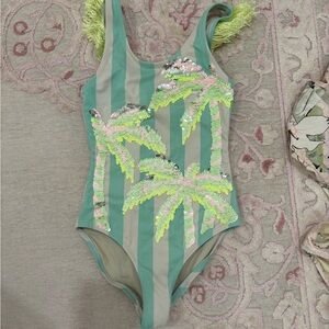 Tropical Palm Sequin Kids Swimsuit - Green and Tan